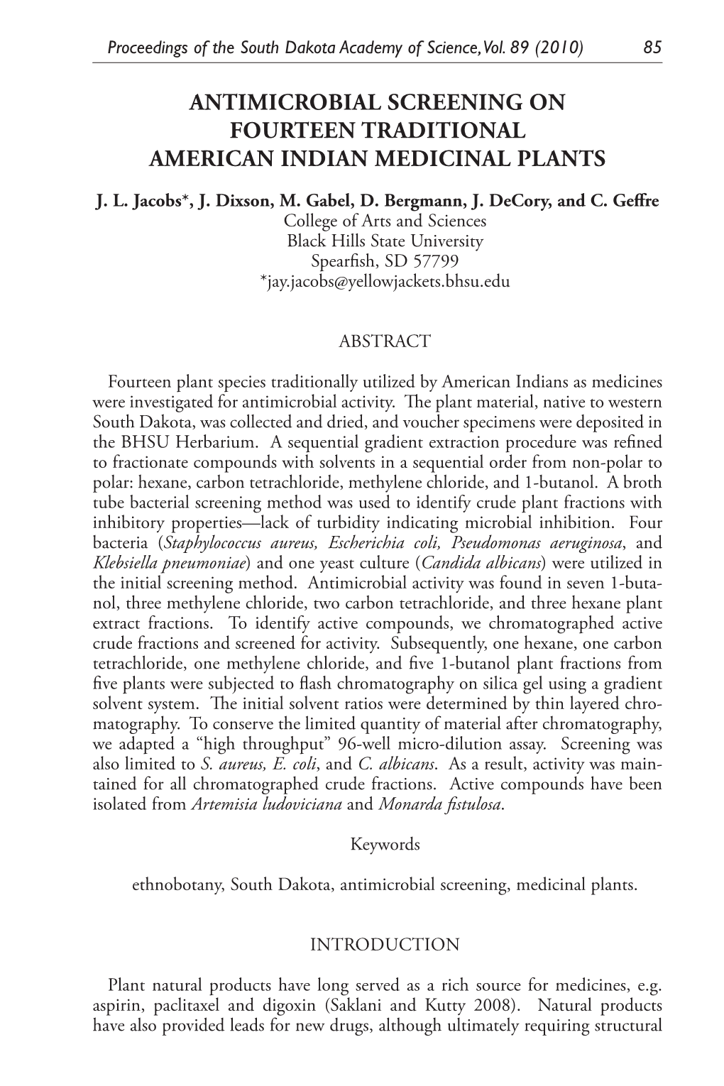 Antimicrobial Screening on Fourteen Traditional American Indian Medicinal Plants