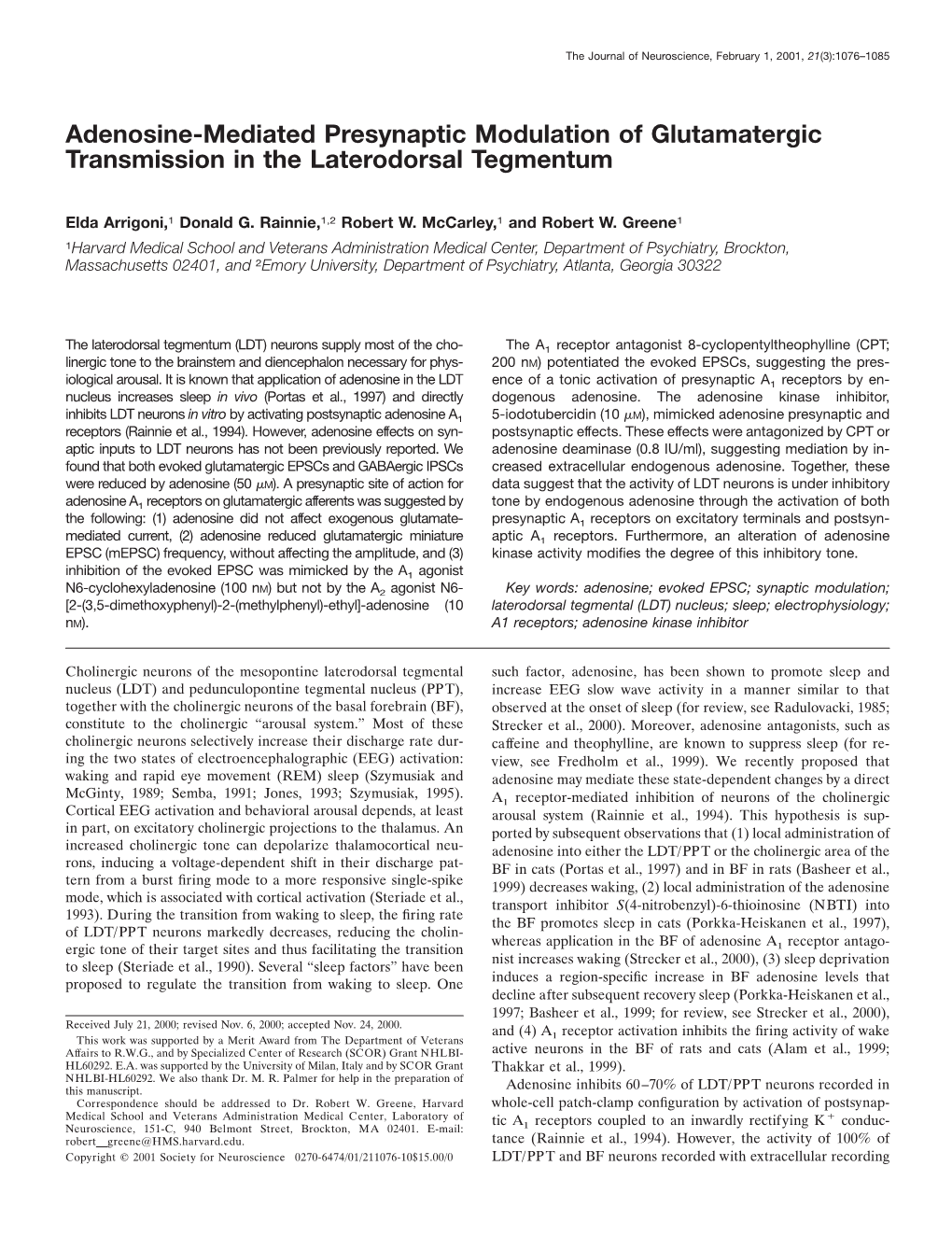 Adenosine-Mediated Presynaptic Modulation of Glutamatergic Transmission in the Laterodorsal Tegmentum