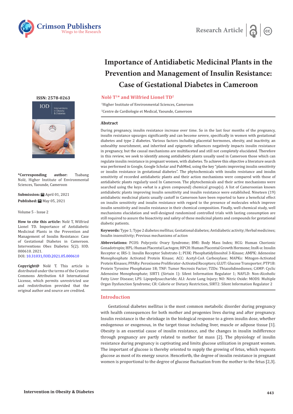 Importance of Antidiabetic Medicinal Plants in the Prevention and Management of Insulin Resistance: Case of Gestational Diabetes in Cameroon