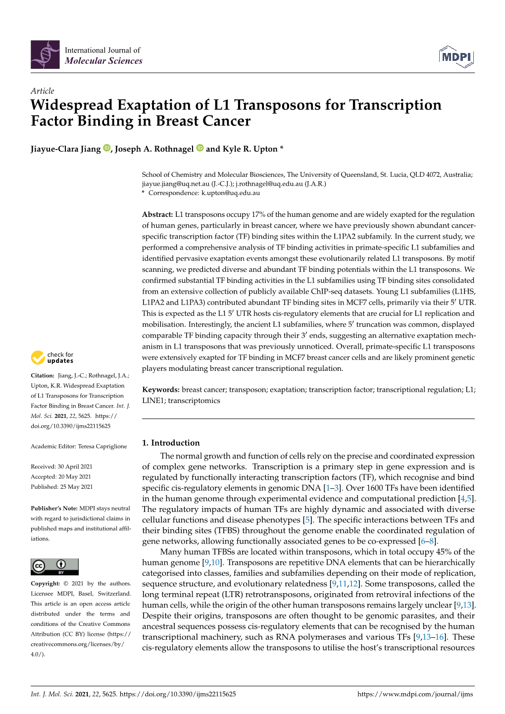 Widespread Exaptation of L1 Transposons for Transcription Factor Binding in Breast Cancer