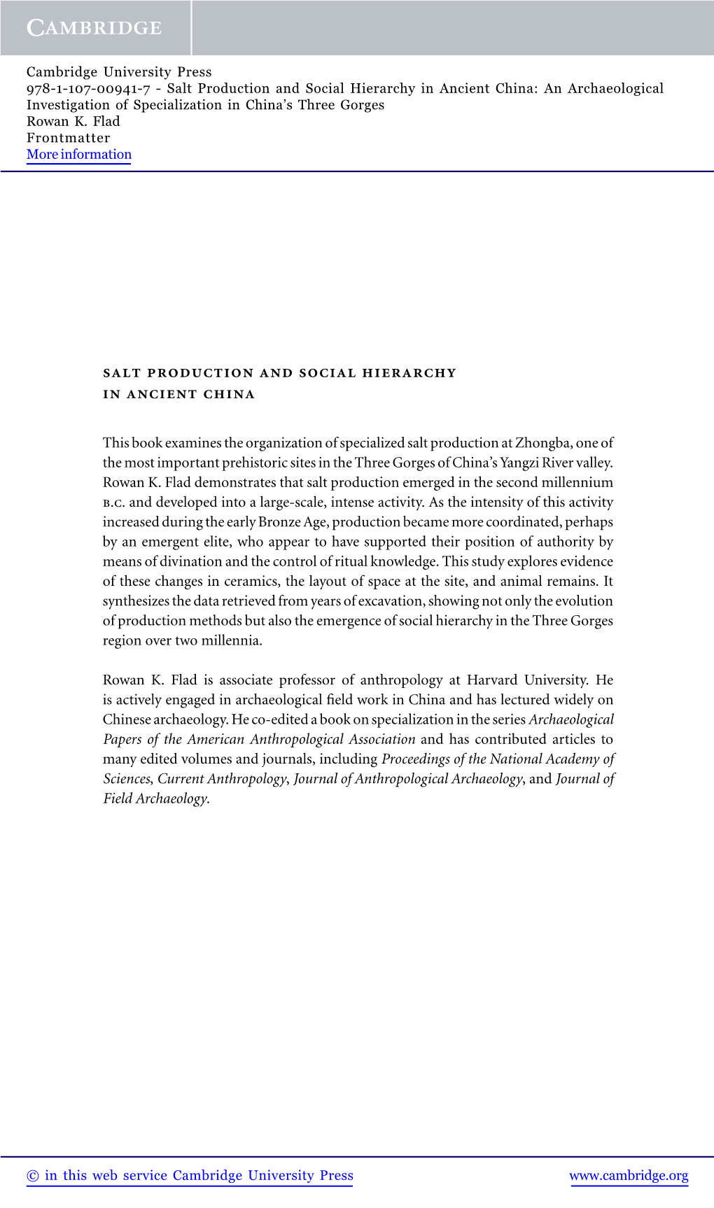 Salt Production and Social Hierarchy in Ancient China: an Archaeological Investigation of Specialization in China’S Three Gorges Rowan K