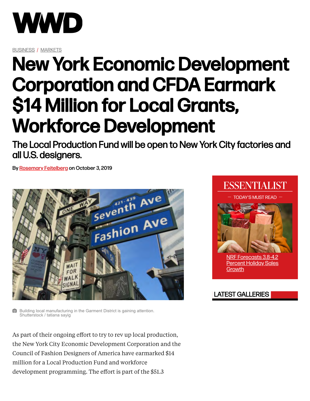 New York Economic Development Corporation and CFDA Earmark