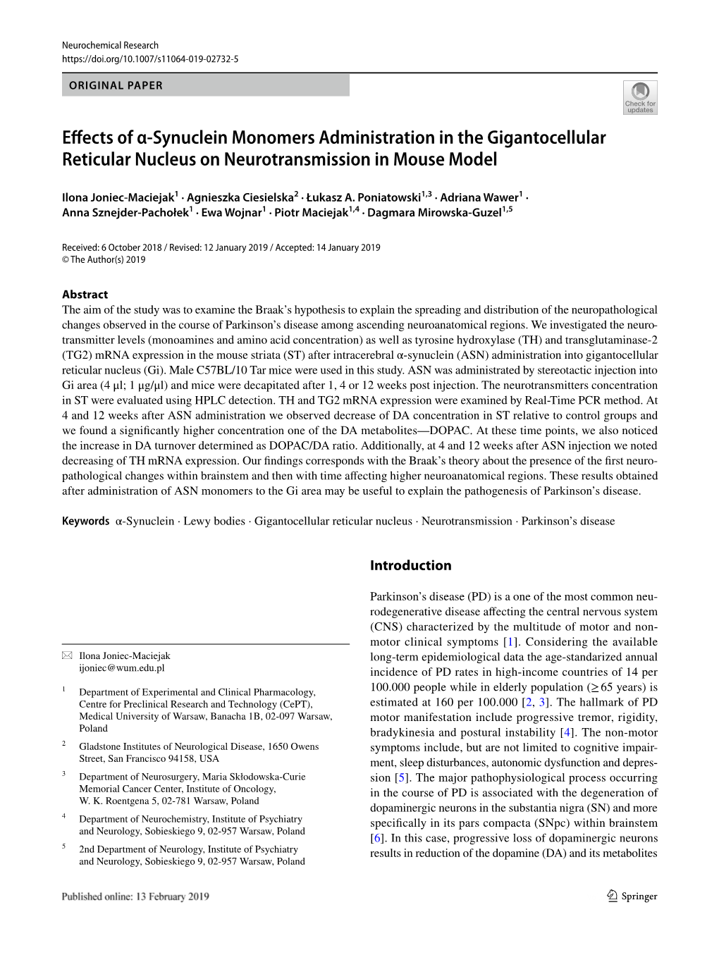 Effects of Α-Synuclein Monomers Administration in the Gigantocellular Reticular Nucleus on Neurotransmission in Mouse Model