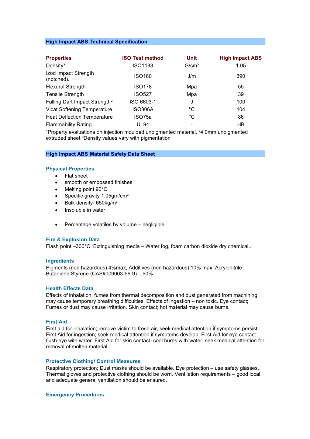 High Impact ABS Technical Specification