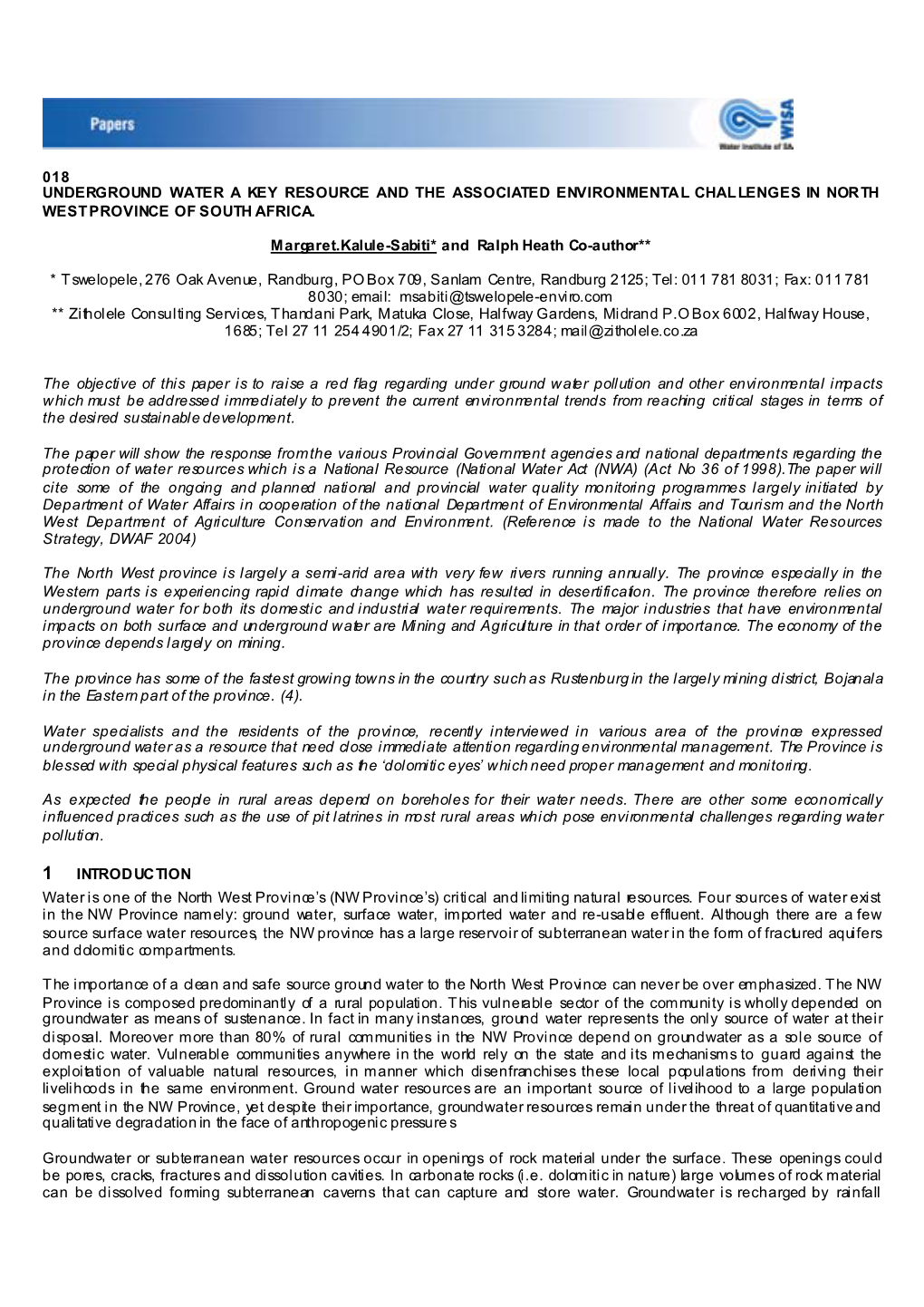 018 Underground Water a Key Resource and the Associated Environmental Challenges in North West Province of South Africa