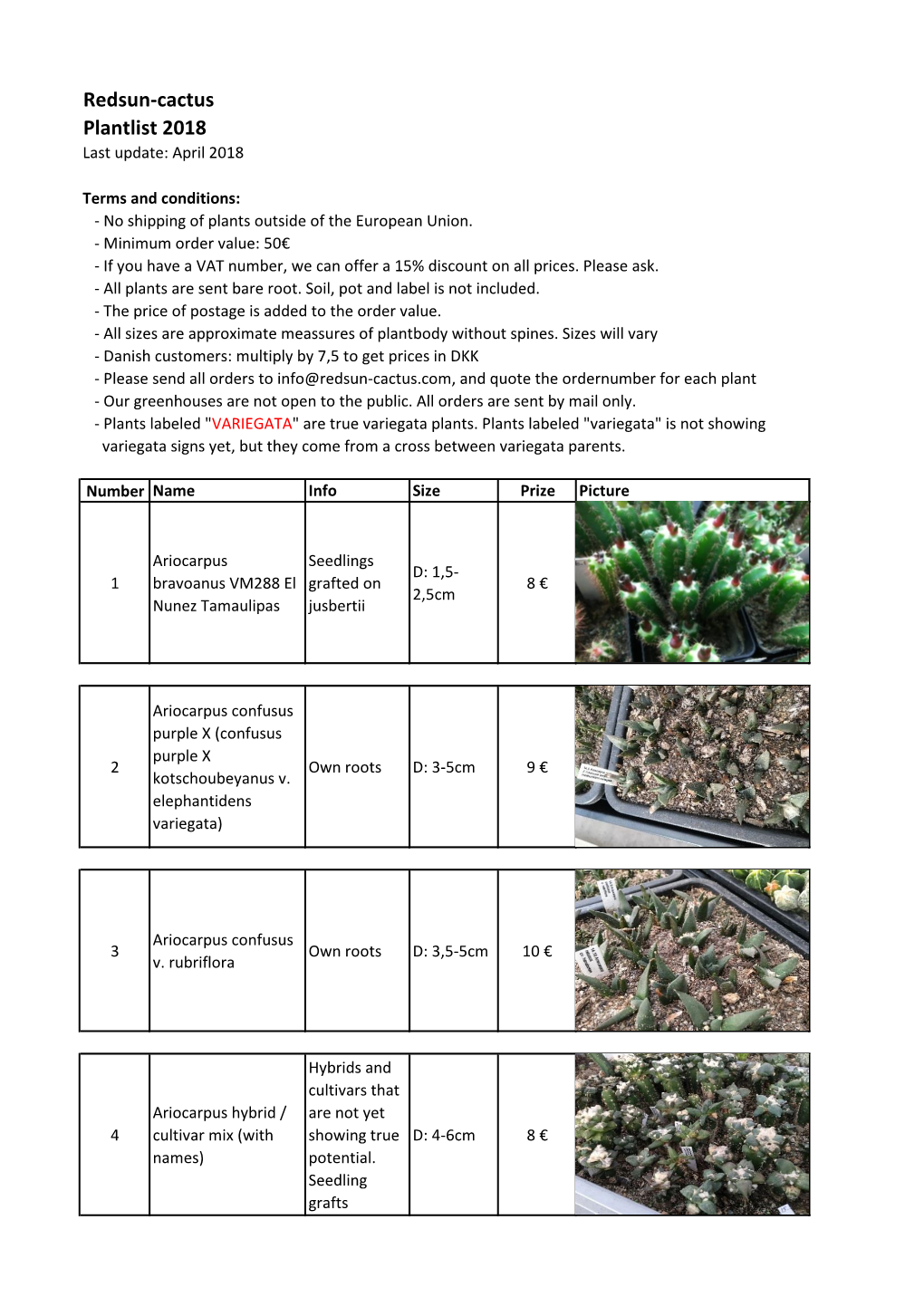 Redsun-Cactus Plantlist 2018 Last Update: April 2018