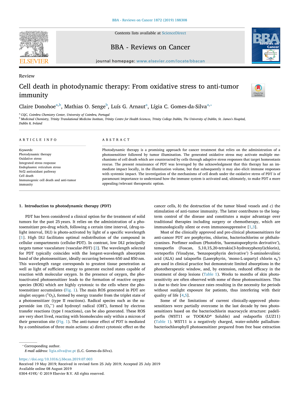 Cell Death in Photodynamic Therapy from Oxidative Stress to Anti-Tumor