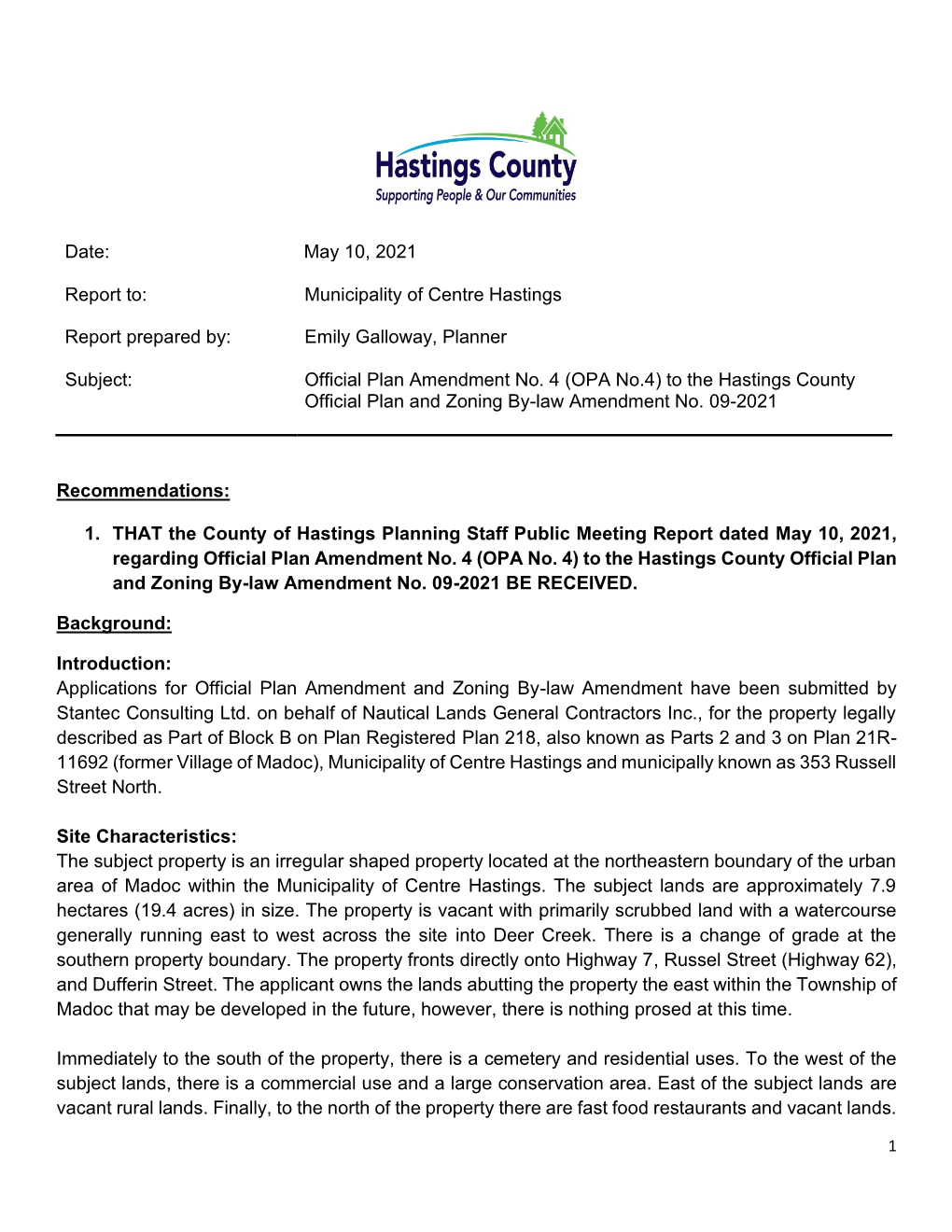 Municipality of Centre Hastings Report Prepared By