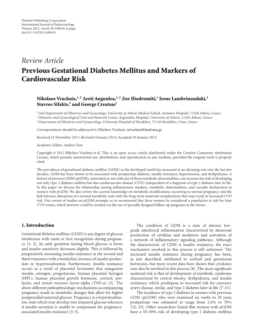 Previous Gestational Diabetes Mellitus and Markers of Cardiovascular Risk