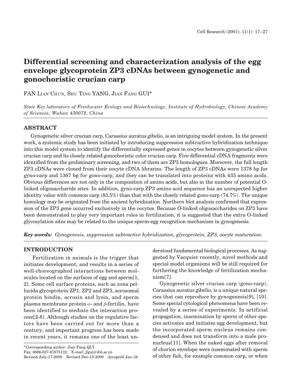 Differential Screening and Characterization Analysis of the Egg Envelope Glycoprotein ZP3 Cdnas Between Gynogenetic and Gonochoristic Crucian Carp