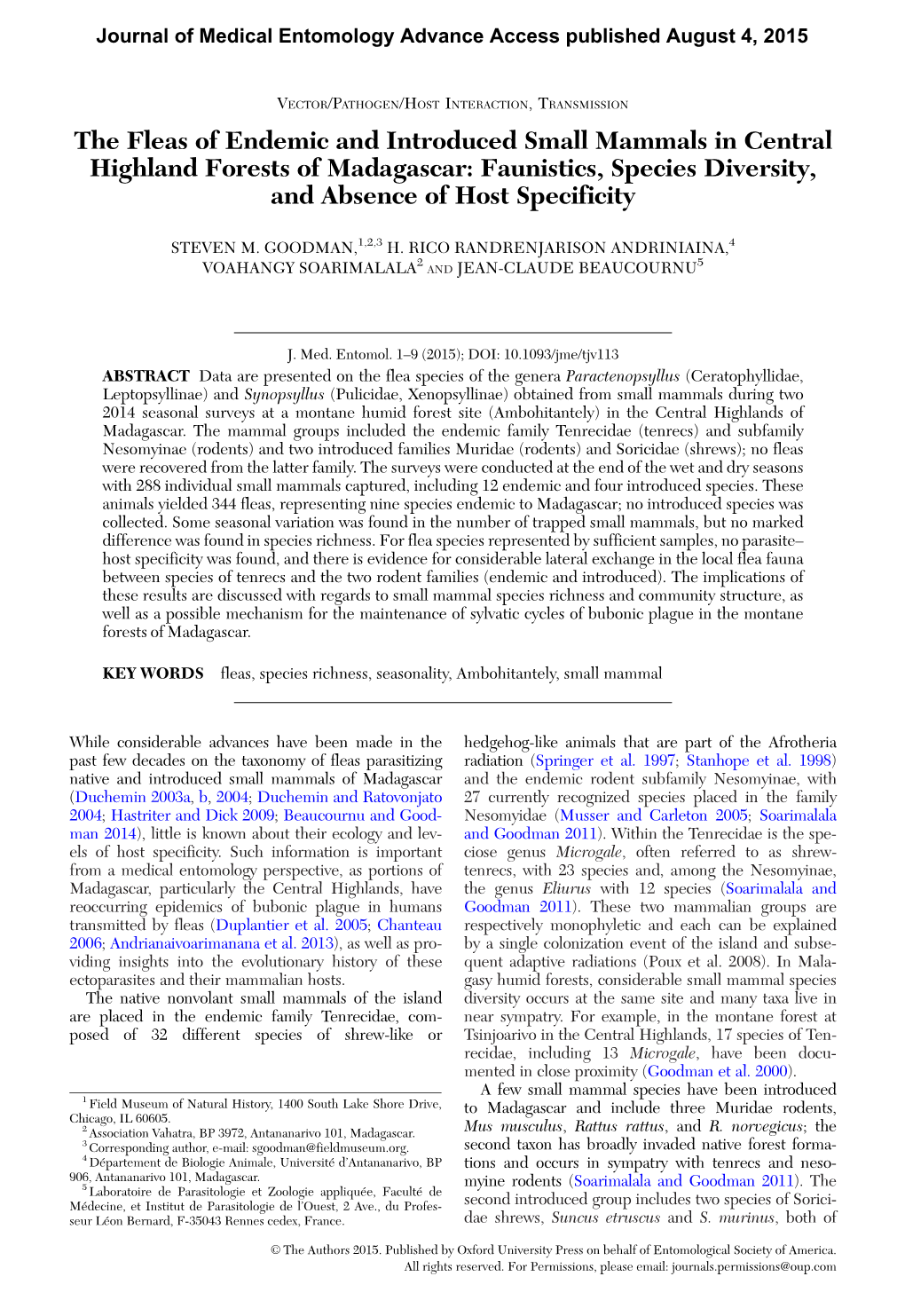 The Fleas of Endemic and Introduced Small Mammals in Central Highland Forests of Madagascar: Faunistics, Species Diversity, and Absence of Host Specificity