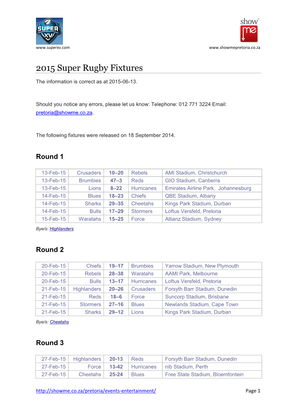2015 Super Rugby Fixtures