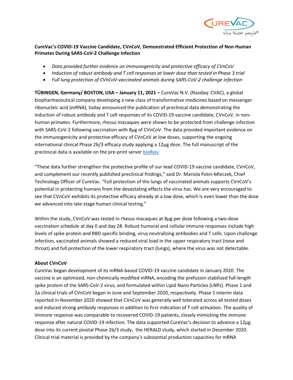 Curevac's COVID-19 Vaccine Candidate, Cvncov, Demonstrated