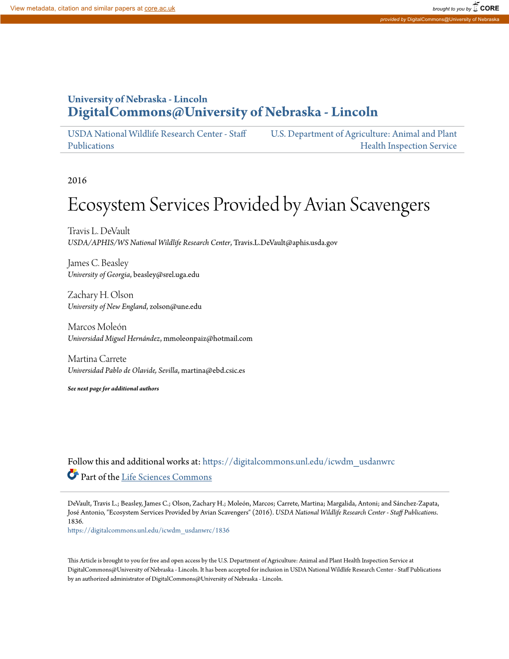 Ecosystem Services Provided by Avian Scavengers Travis L