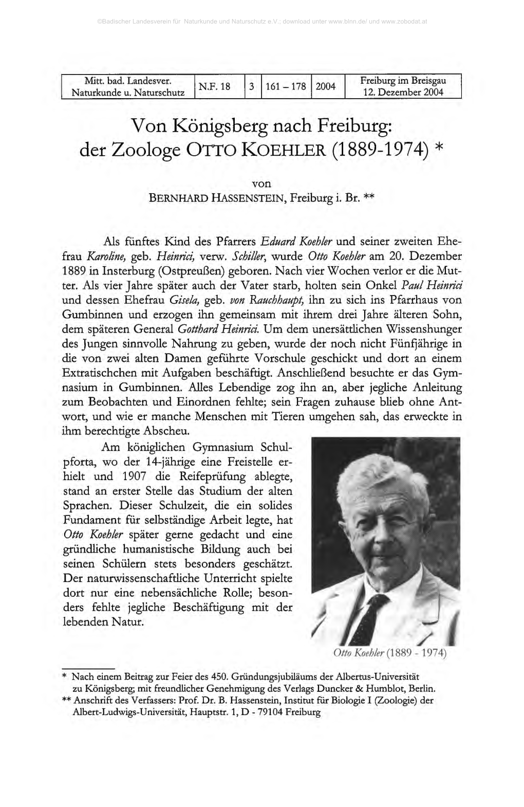 Von Königsberg Nach Freiburg: Der Zoologe OTTO KOEHLER (1 889-1974) *