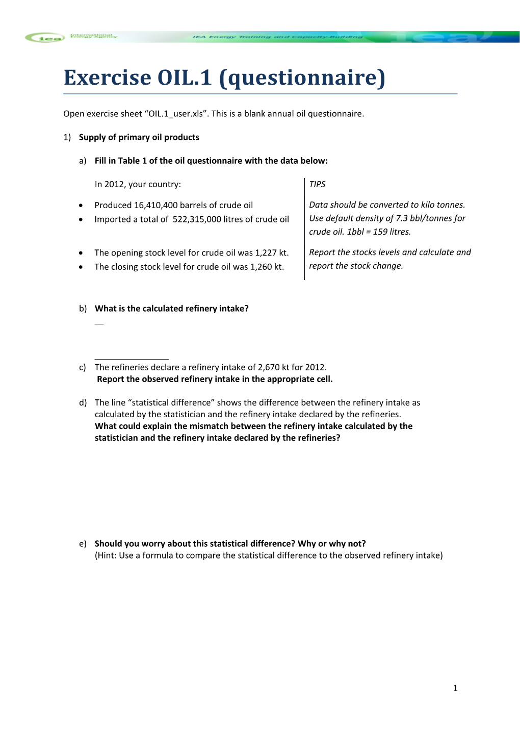 Annual Oil Exercise Cover Document