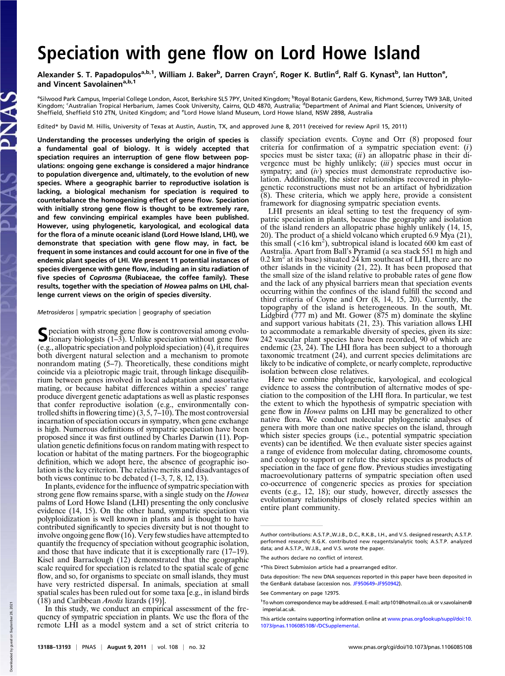 Speciation with Gene Flow on Lord Howe Island