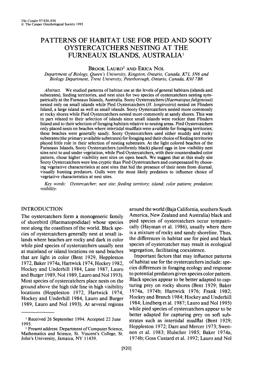 Patterns of Habitat Use for Pied and Sooty Oystercatchers Nesting at the Furneaux Islands, Australia’