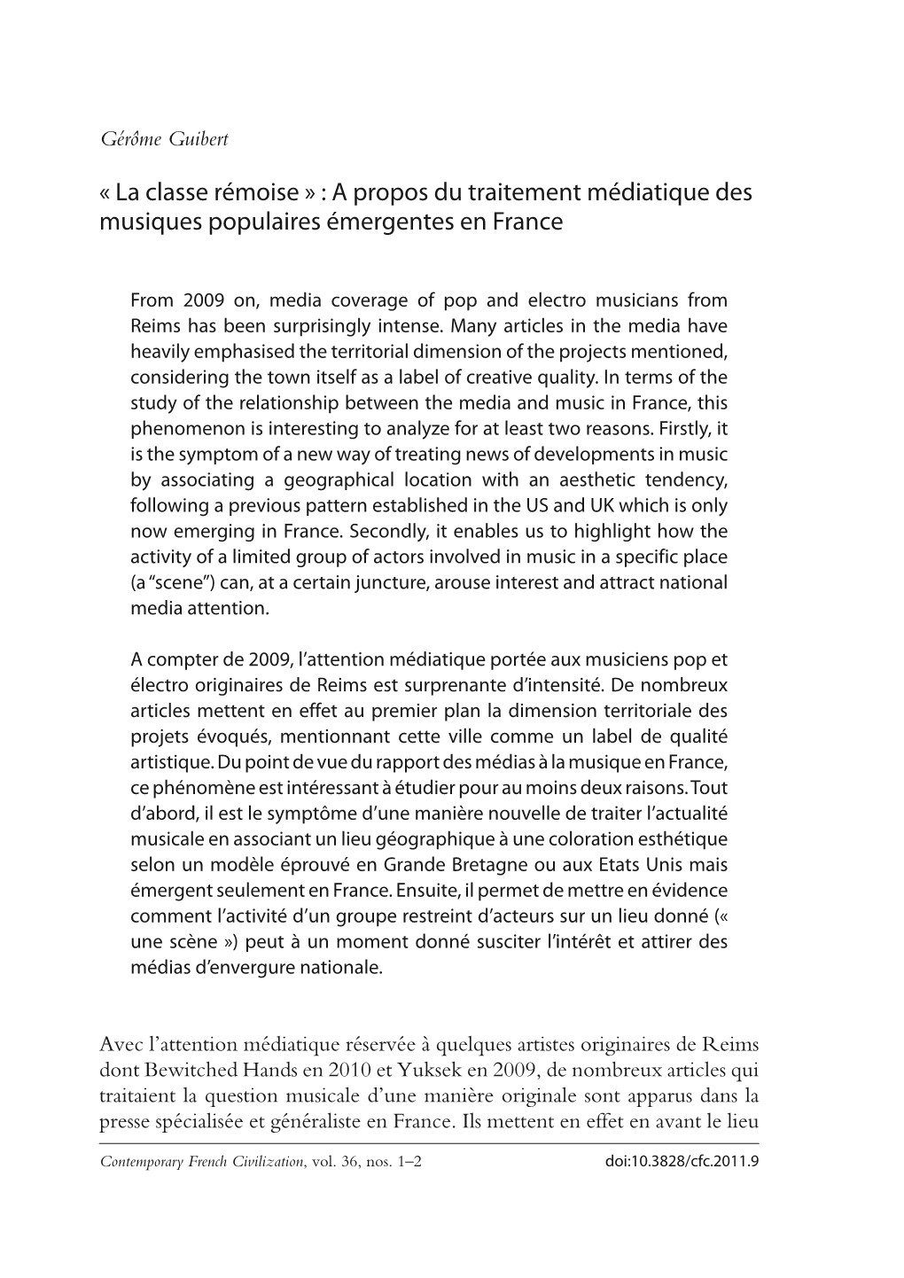 « La Classe Rémoise » : a Propos Du Traitement Médiatique Des Musiques Populaires Émergentes En France