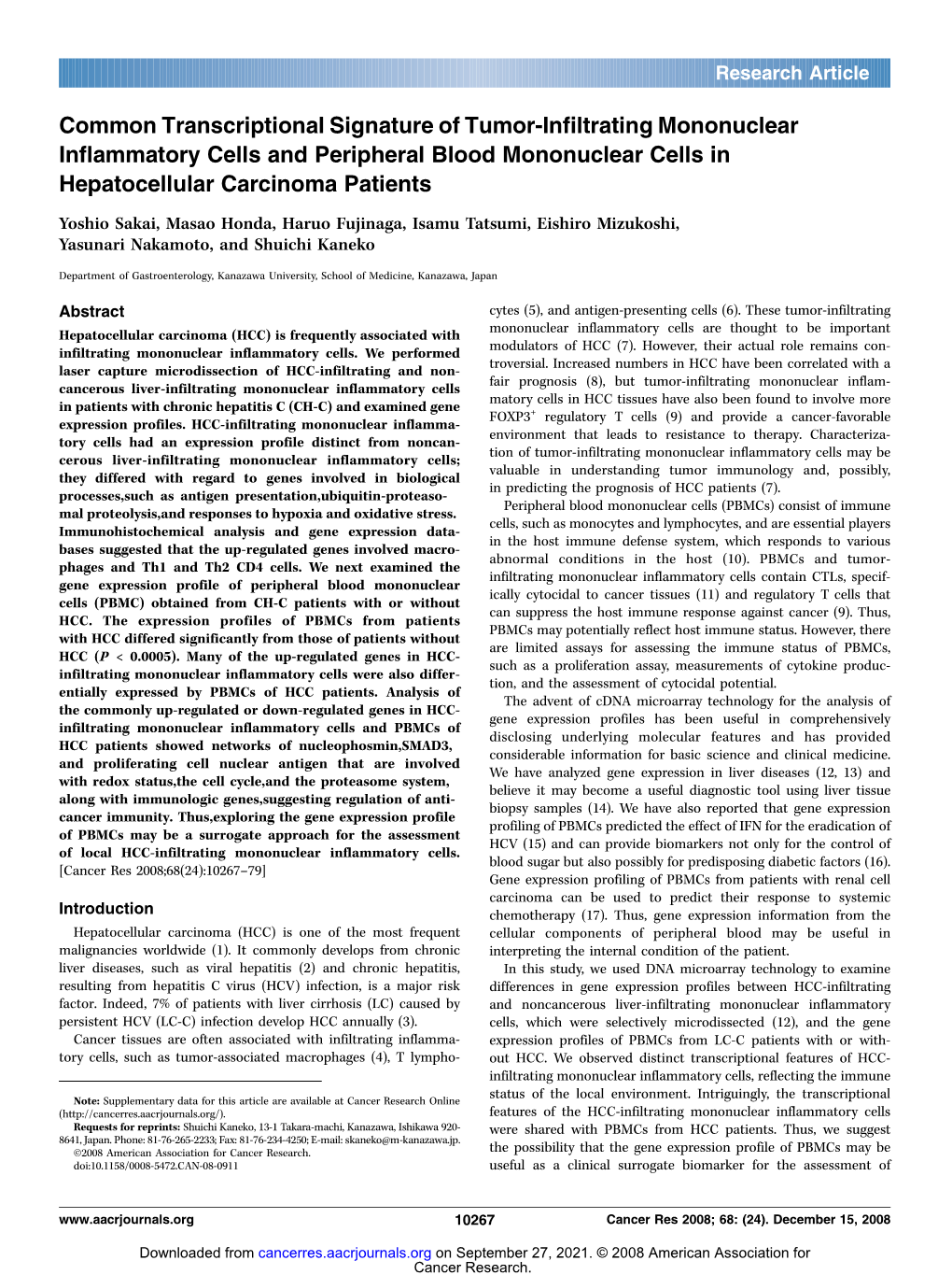 Common Transcriptional Signature of Tumor-Infiltrating Mononuclear Inflammatory Cells and Peripheral Blood Mononuclear Cells in Hepatocellular Carcinoma Patients