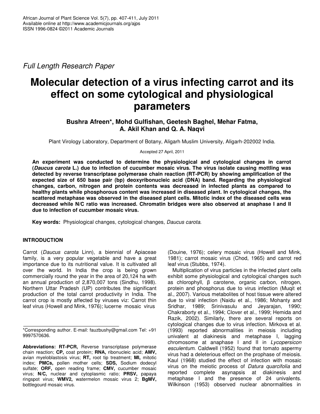 Molecular Detection of a Virus Infecting Carrot and Its Effect on Some Cytological and Physiological Parameters
