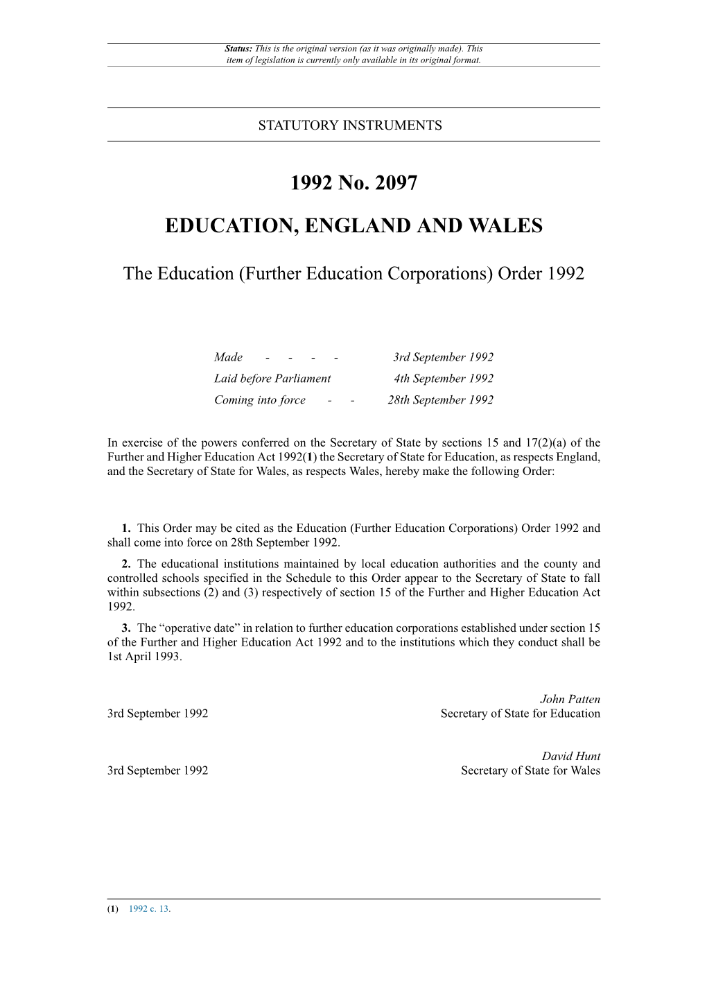 (Further Education Corporations) Order 1992