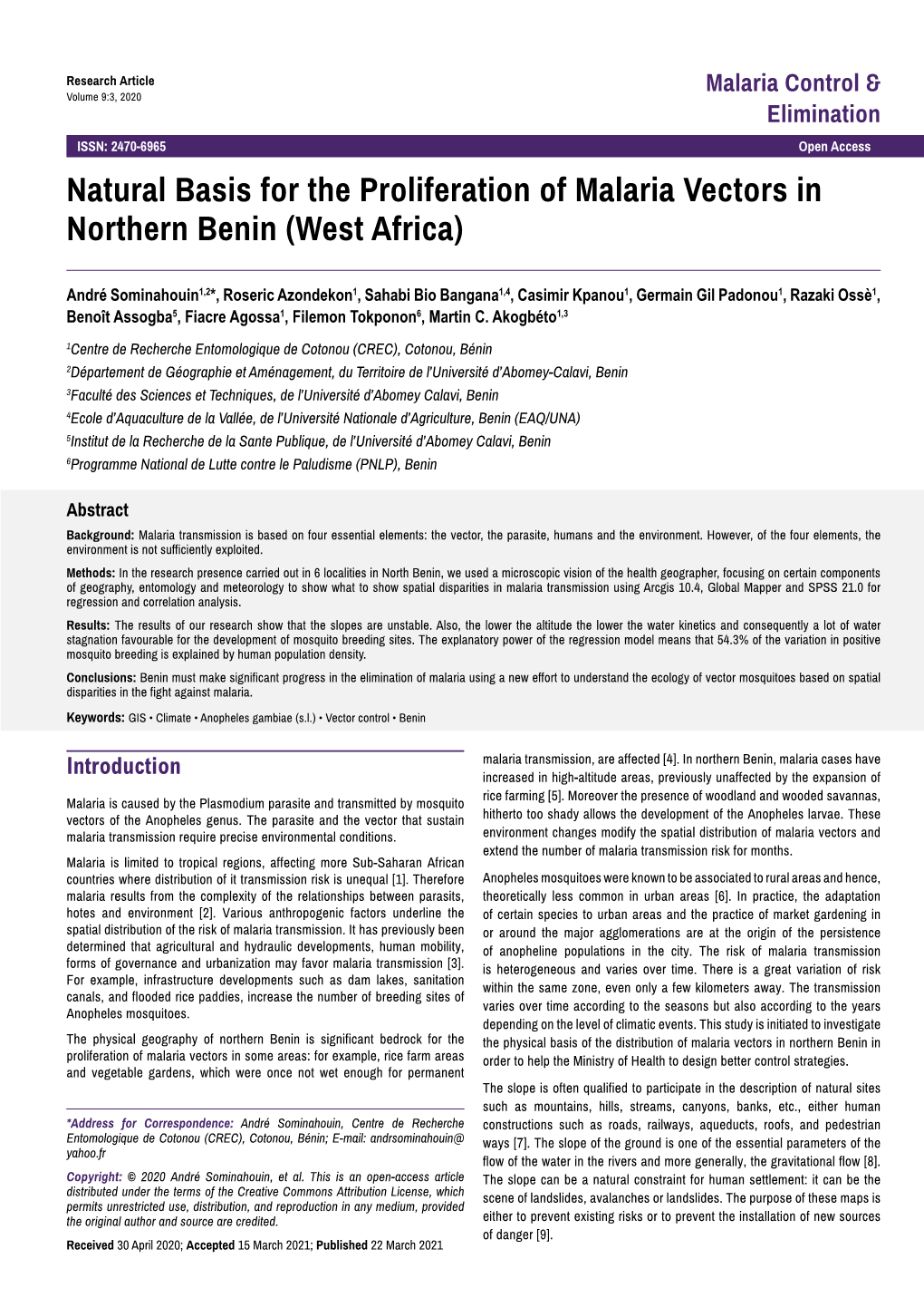Natural Basis for the Proliferation of Malaria Vectors in Northern Benin (West Africa)