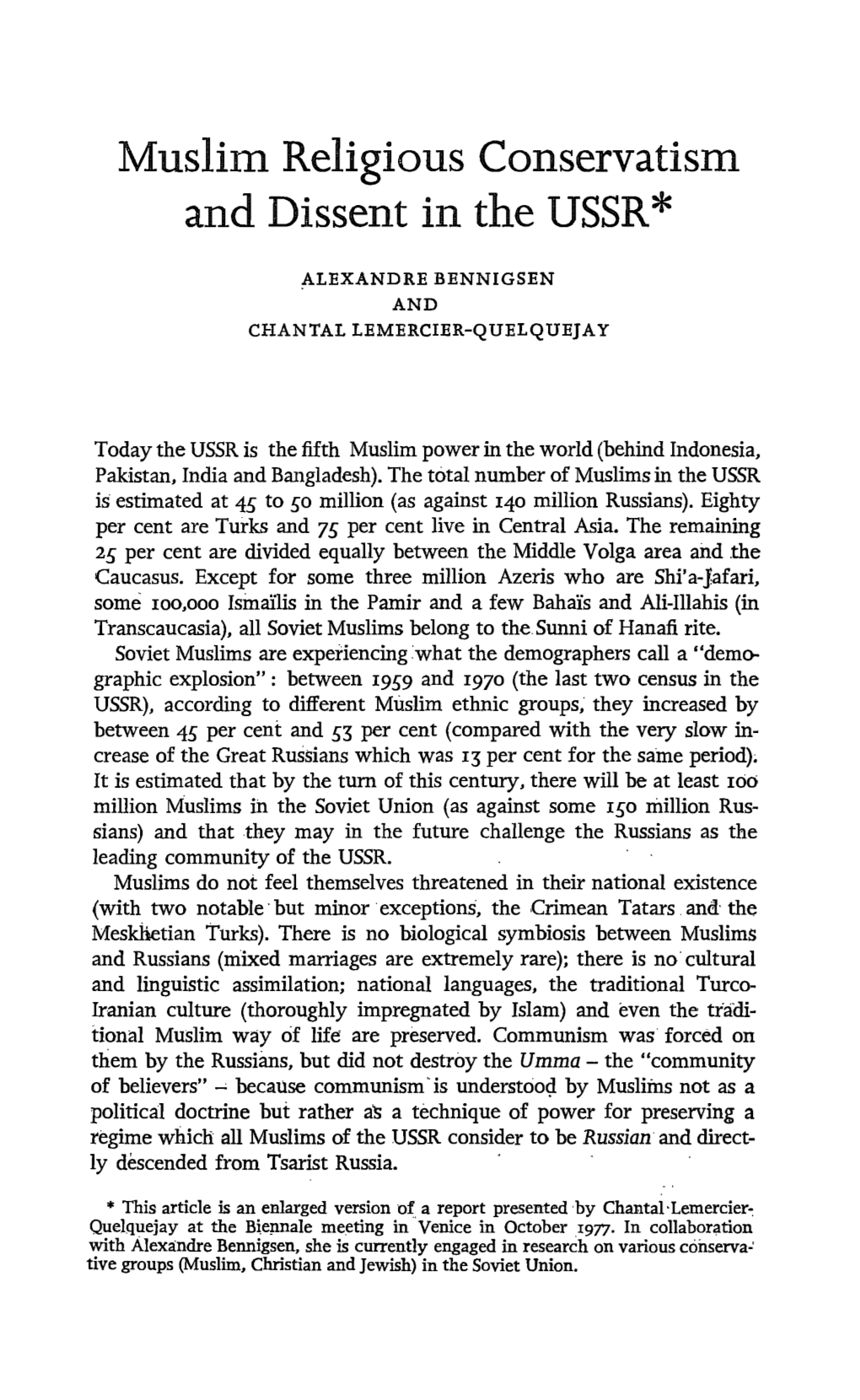 Muslim Religious Conservatism and Dissent in the USSR *