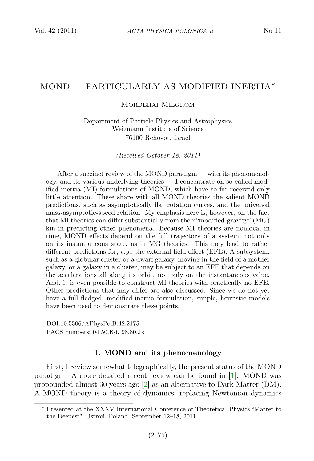 Mond — Particularly As Modified Inertia∗
