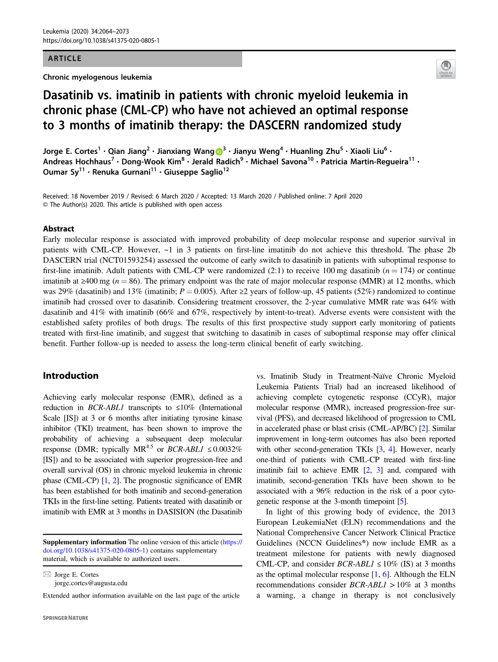 Dasatinib Vs. Imatinib in Patients with Chronic Myeloid Leukemia