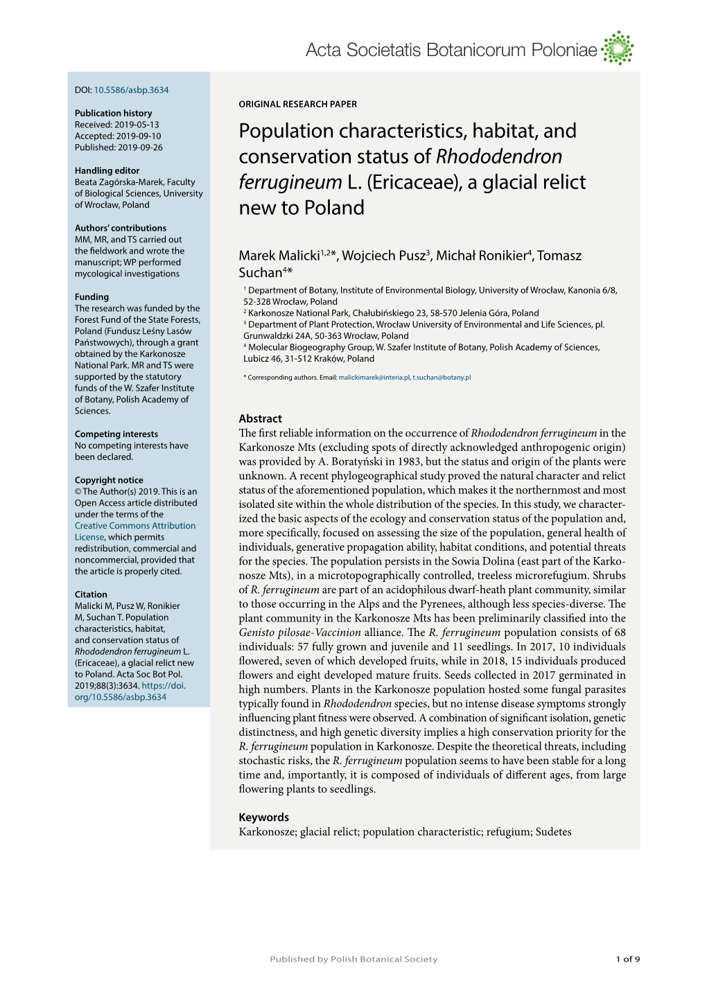 Population Characteristics, Habitat, and Conservation Status of Rhododendron Ferrugineum L. (Ericaceae), a Glacial Relict New To