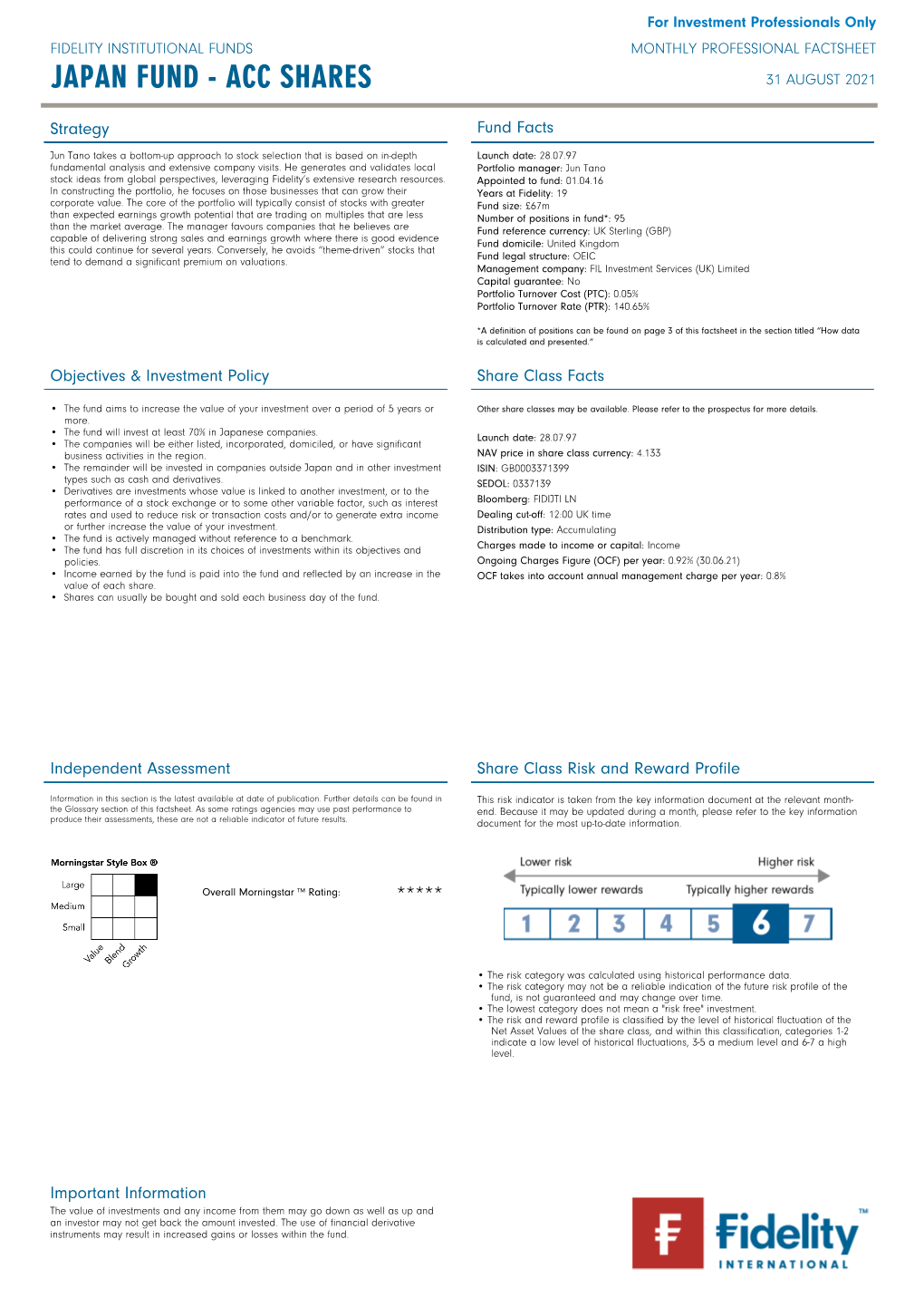 Japan Fund - ACC Shares for Investment Professionals Only FIDELITY INSTITUTIONAL FUNDS MONTHLY PROFESSIONAL FACTSHEET JAPAN FUND - ACC SHARES 31 AUGUST 2021