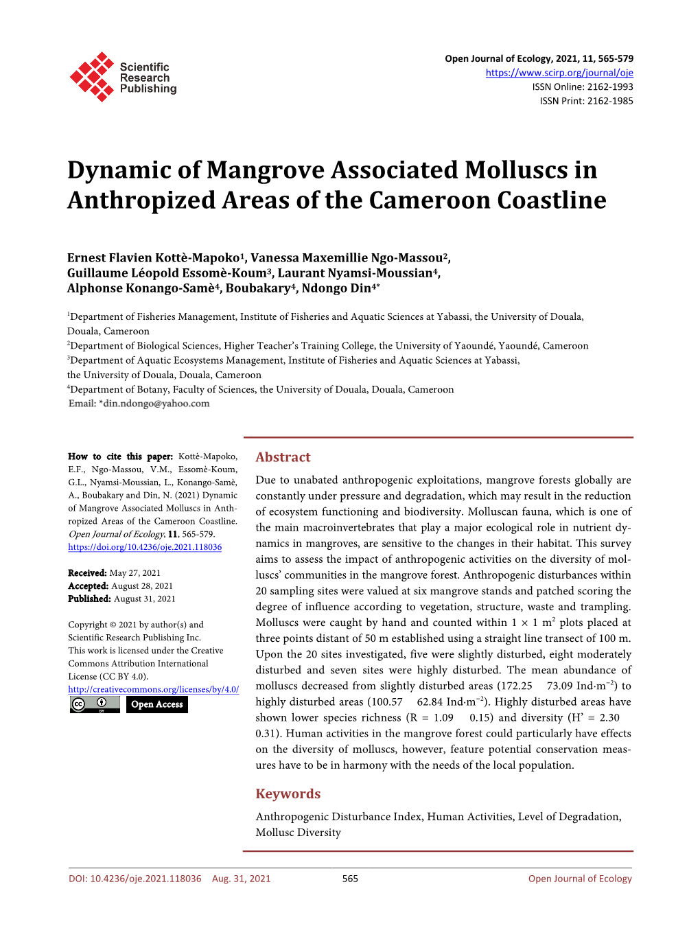 Dynamic of Mangrove Associated Molluscs in Anthropized Areas of the Cameroon Coastline
