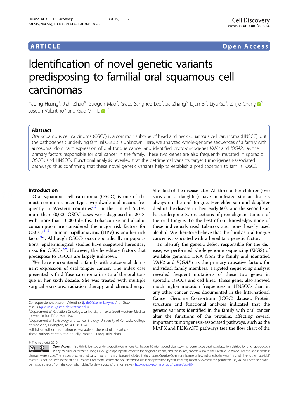 Identification of Novel Genetic Variants Predisposing to Familial Oral