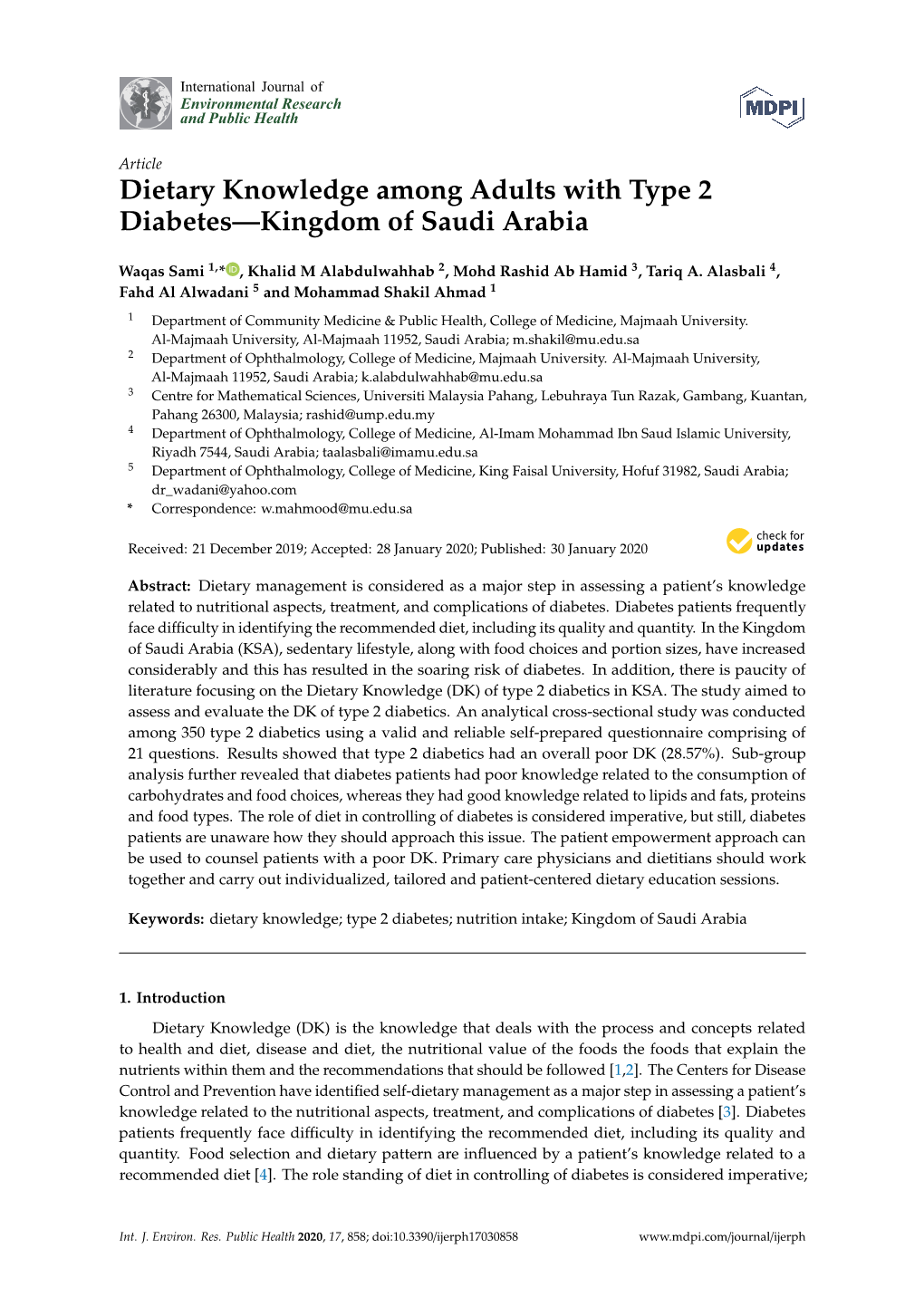 Dietary Knowledge Among Adults with Type 2 Diabetes—Kingdom of Saudi Arabia