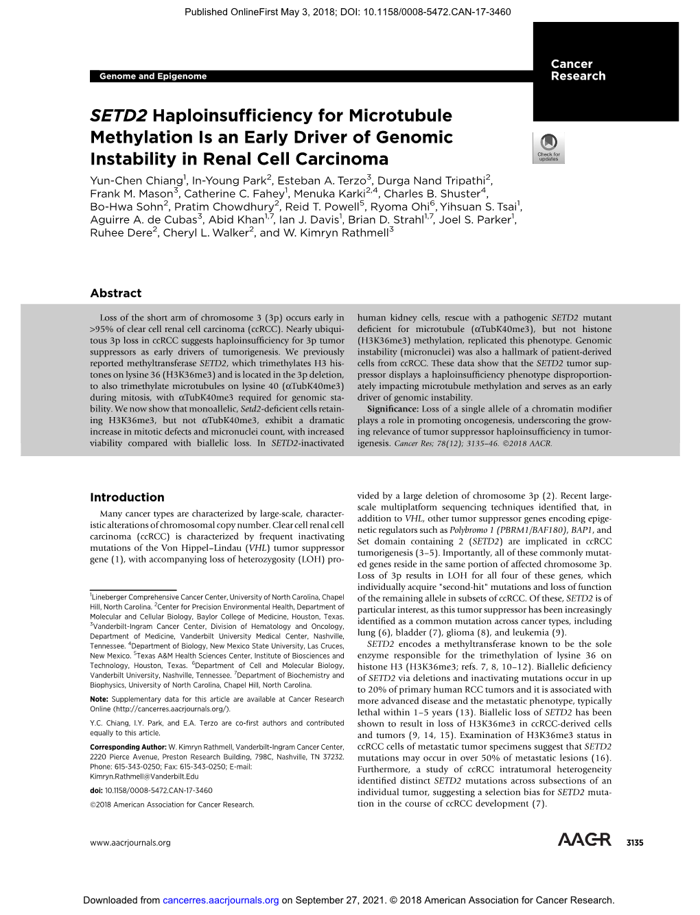 SETD2 Haploinsufficiency for Microtubule Methylation Is an Early Driver of Genomic Instability in Renal Cell Carcinoma