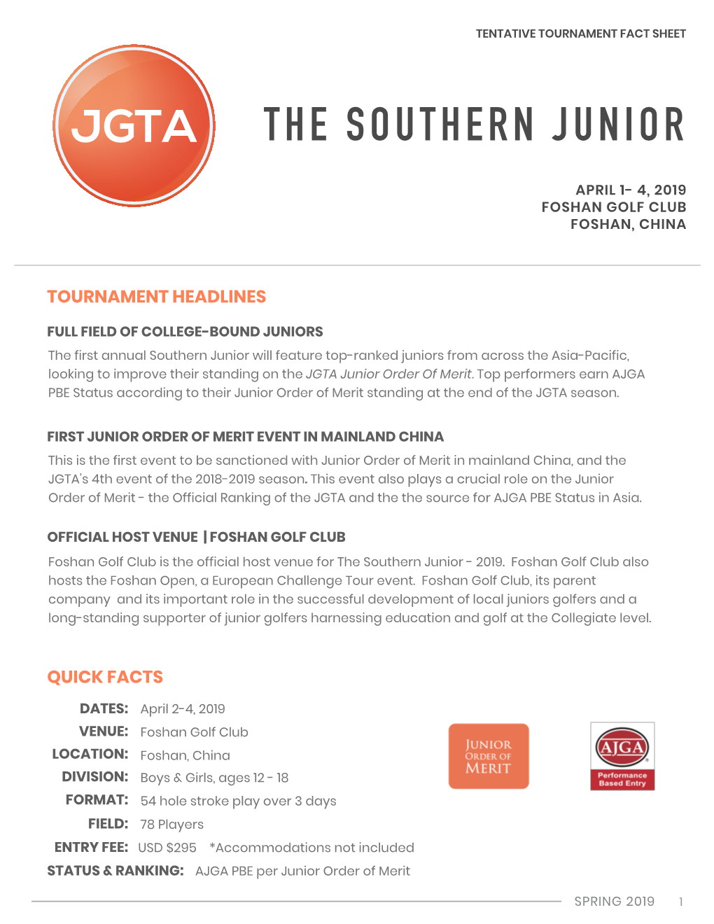 Factsheet | the Southern Junior 2019