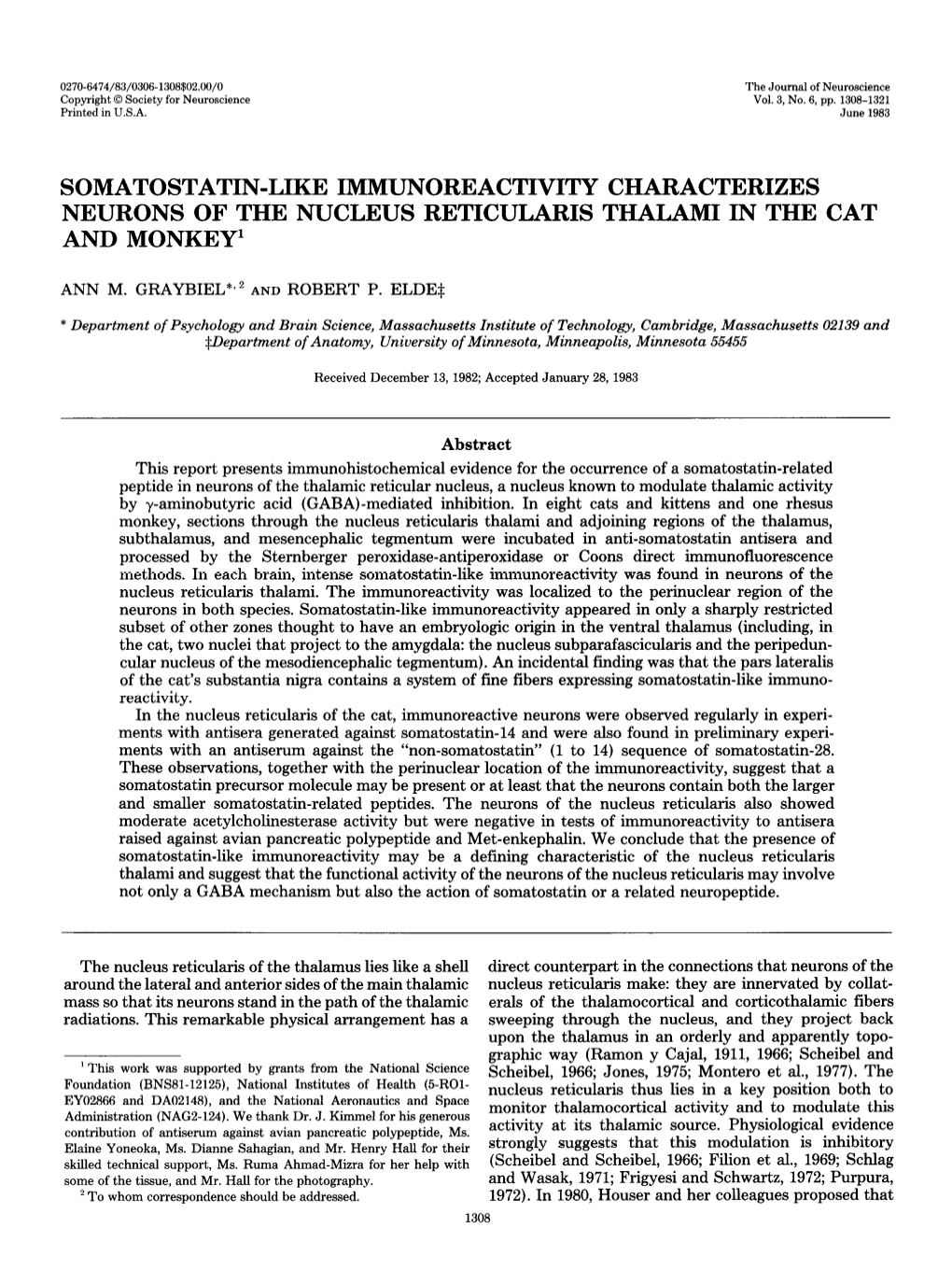 Somatostatin-Like Immunoreactivity Characterizes Neurons of the Nucleus Reticularis Thalami in the Cat and Monkey1