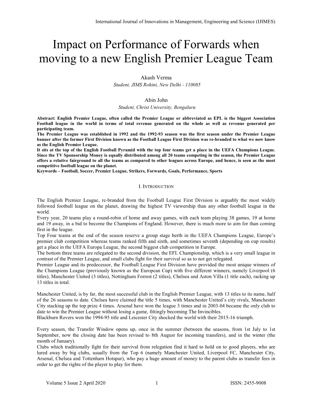 Impact on Performance of Forwards When Moving to a New English Premier League Team