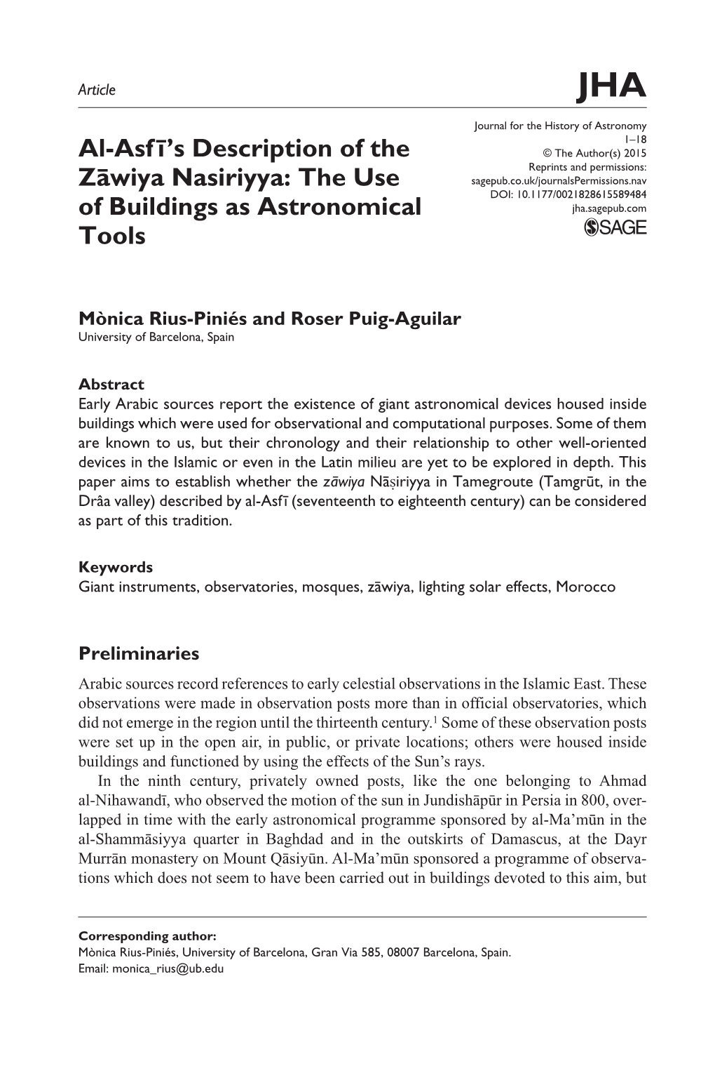 Al-Asfī's Description of the Zāwiya Nasiriyya: the Use of Buildings As Astronomical Tools