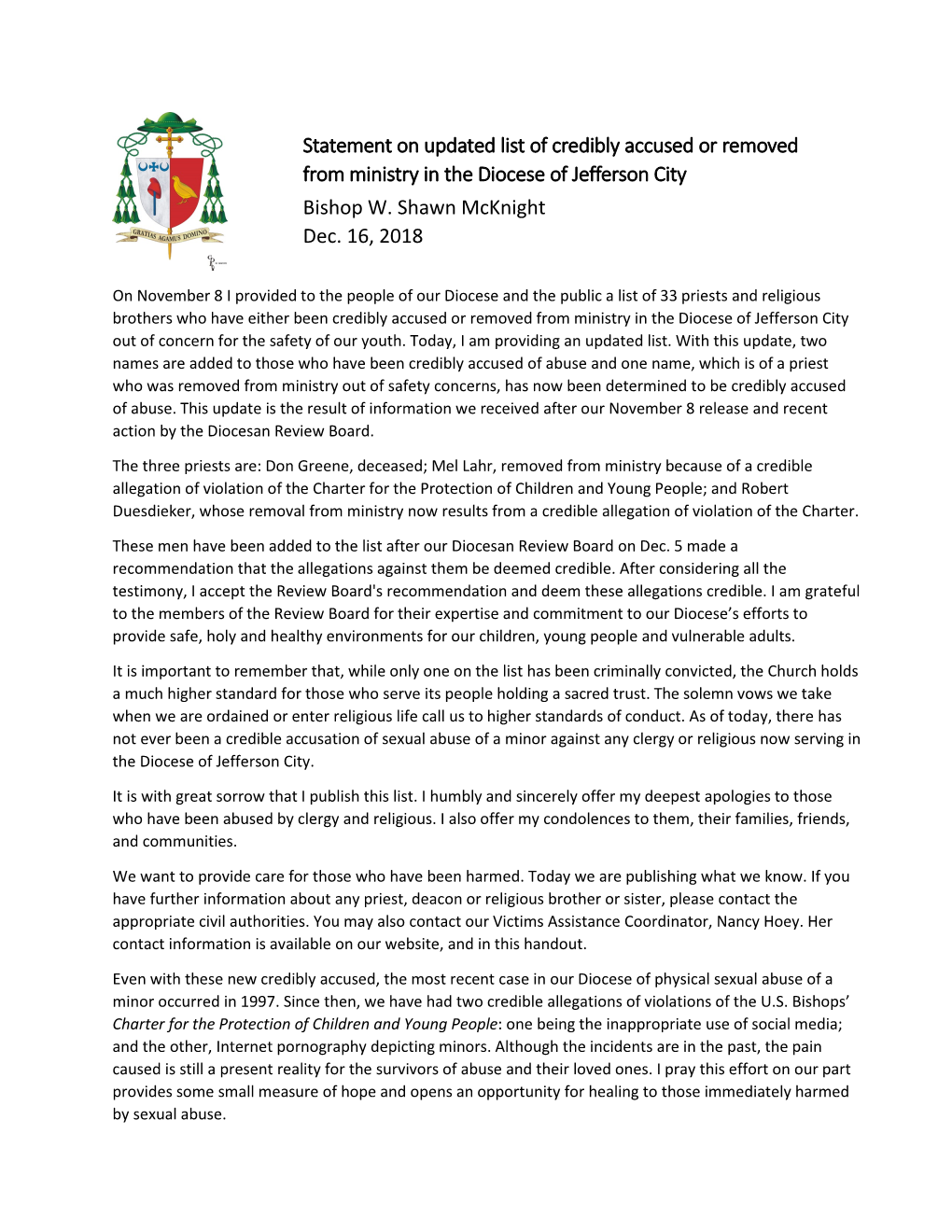 Statement on Updated List of Credibly Accused Or Removed from Ministry in the Diocese of Jefferson City Bishop W