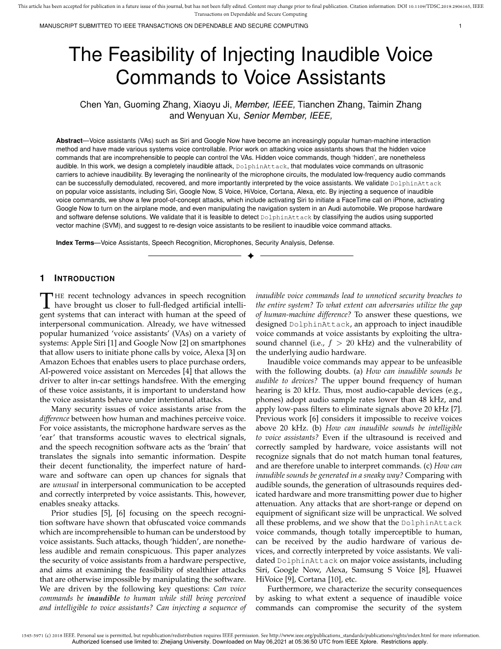 The Feasibility of Injecting Inaudible Voice Commands to Voice Assistants