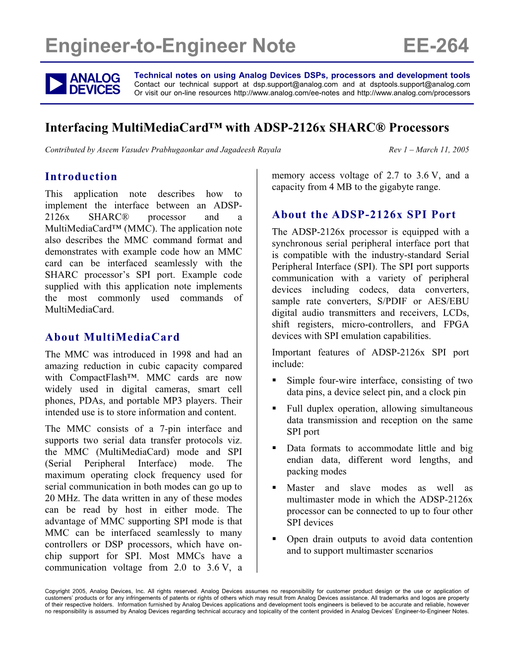 Interfacing Multimediacard™ with ADSP-2126X SHARC® Processors Application Note (EE-264)