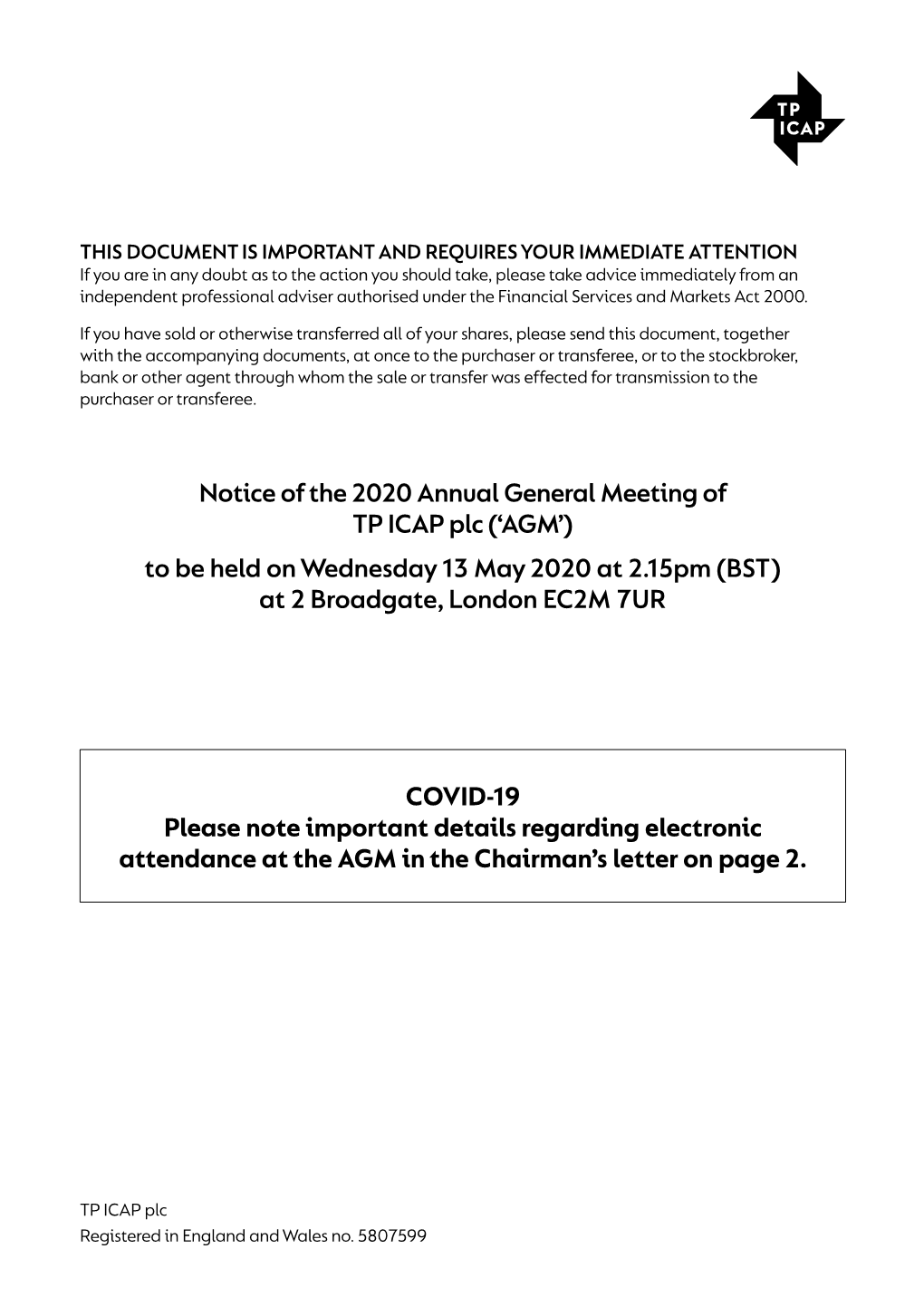 Notice of the 2020 Annual General Meeting of TP ICAP Plc ('AGM') To