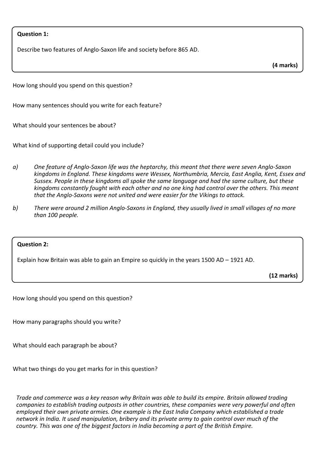 Question 1: Describe Two Features of Anglo-Saxon Life and Society Before 865 AD. (4 Marks) How Long Should You Spend on This