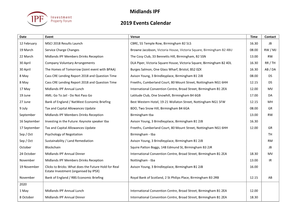 Midlands IPF 2019 Events Calendar