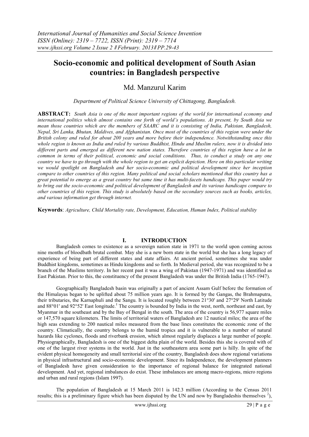 Socio-Economic and Political Development of South Asian Countries: in Bangladesh Perspective Md