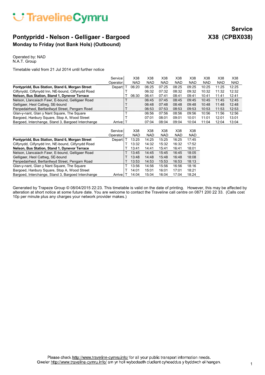 Gelligaer - Bargoed X38 (CPBX038) Monday to Friday (Not Bank Hols) (Outbound)