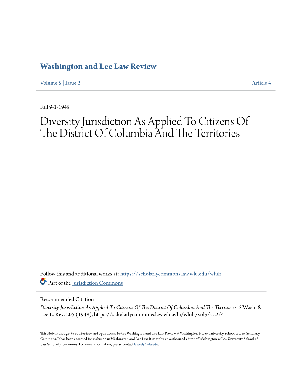 Diversity Jurisdiction As Applied to Citizens of the District of Columbia and the Territories, 5 Wash