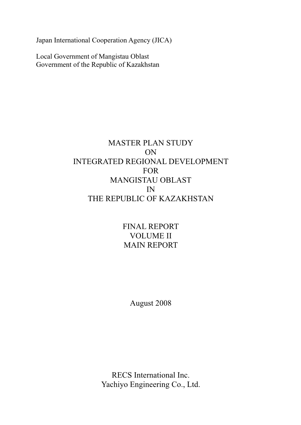 Master Plan Study on Integrated Regional Development for Mangis